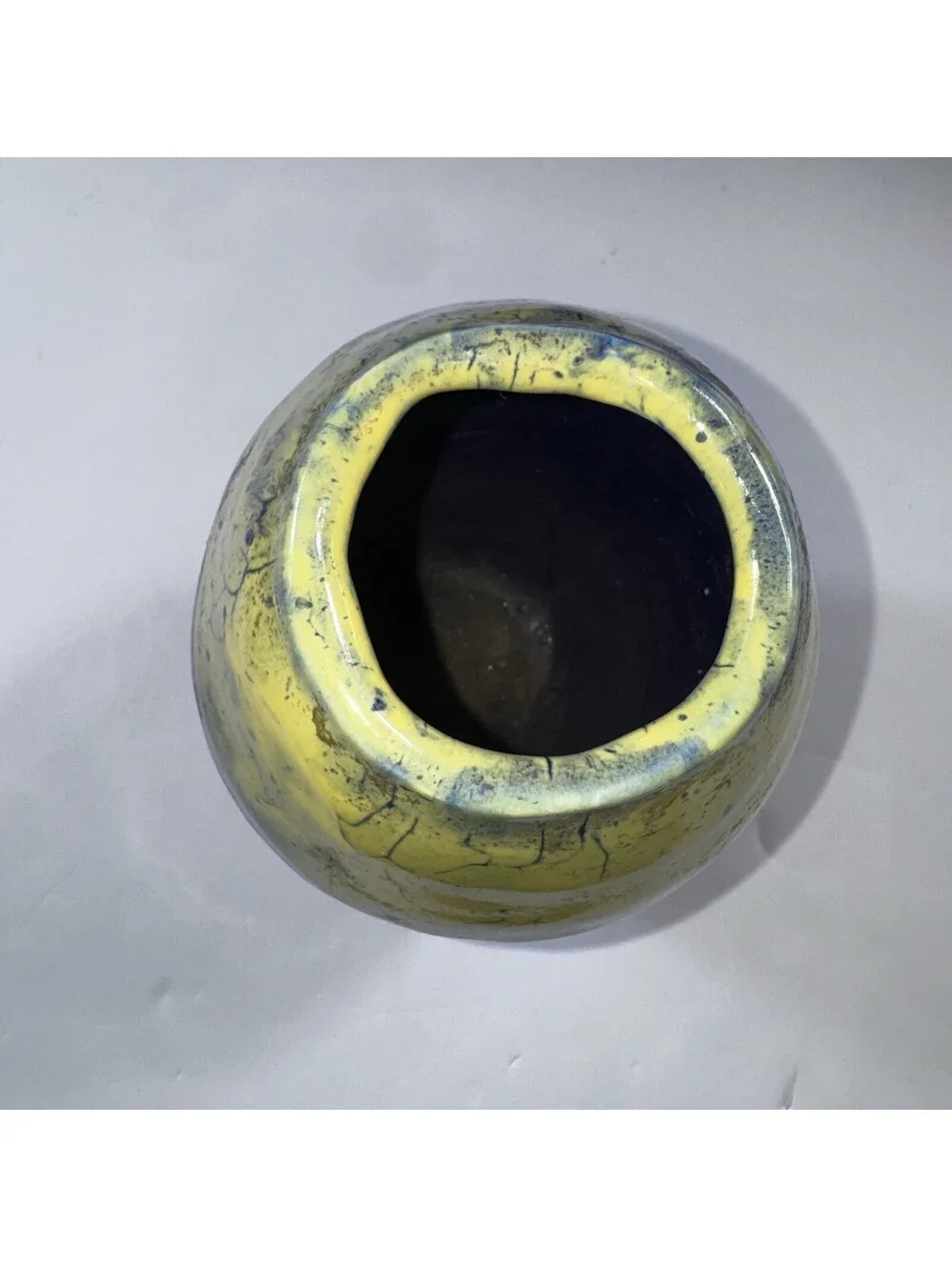 Lizzy Adams Signed Studio Pottery Vase Planter Blue Yellow Drip Glaze 10”